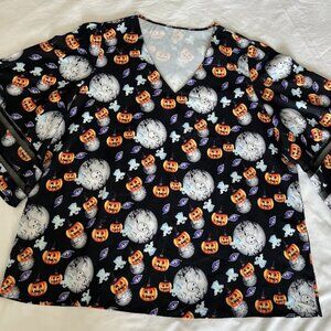 Halloween scrub top Size XL Black Short Sleeve V Neck Moon &Pumpkins Women